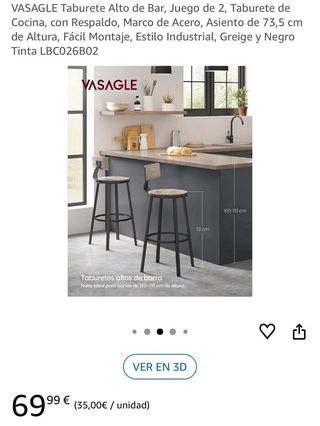 VASAGLE Taburete Alto de Bar, Juego de 2, Gris