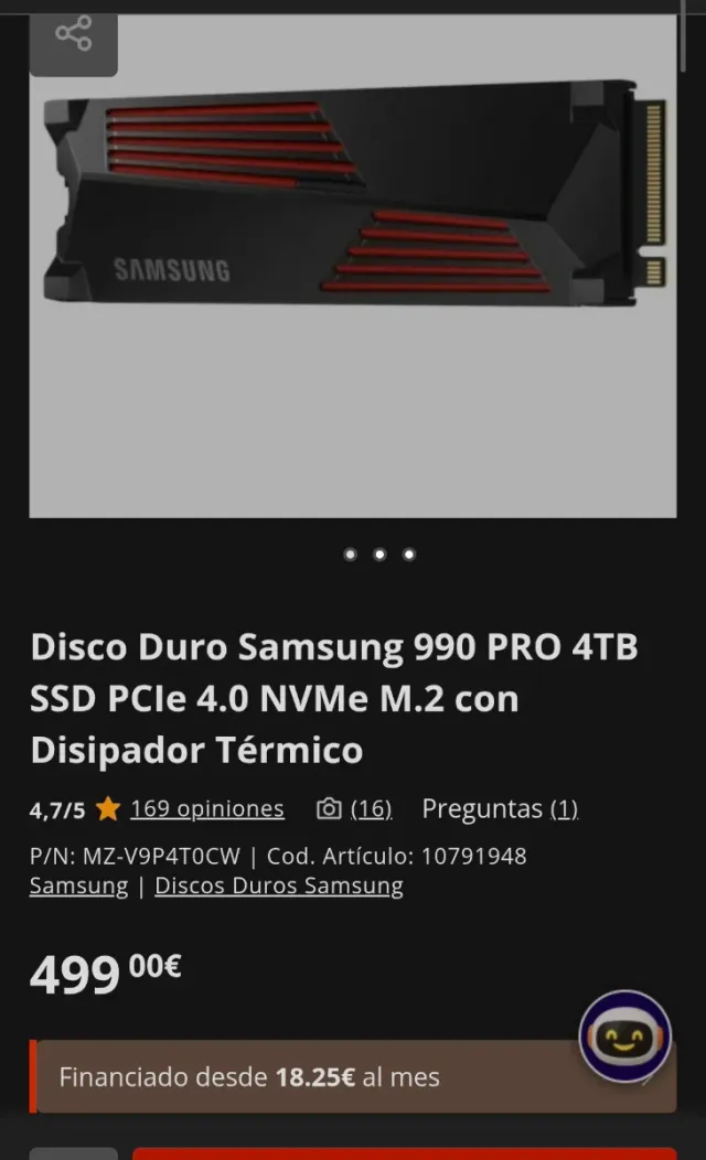 SSD Samsung 990 Pro 4TB NVMe M.2 con Disipador