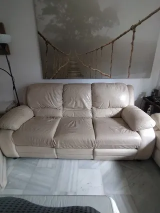 Sofá de piel beige 3 plazas + 2 plazas + sillón