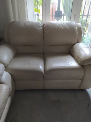 Sofá de piel beige 3 plazas + 2 plazas + sillón