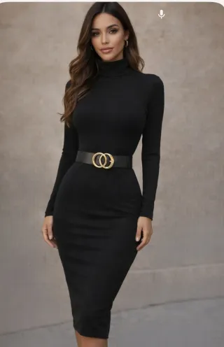 Abito nero collo alto con cintura