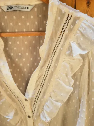 Blusa ZARA Blanca Transparente Volantes Talla XL