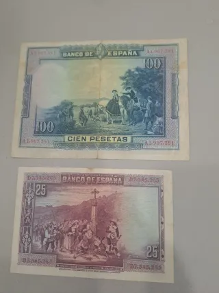 Billetes Banco de España 100 y 25 Pesetas