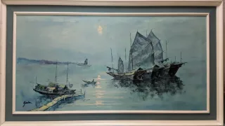 Cuadro al óleo barcos en el mar