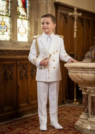 Traje de comunión blanco con detalles dorados