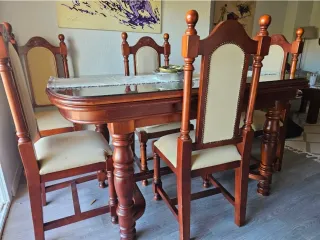 Mesa Roble Extensible Cristal y 6 Sillas