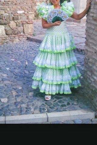 Vestido Flamenca Blanco Lunares Verdes