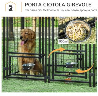 Recinto per Cani da Esterno, Box per Animali in Acciaio con Serratura, 2 Ciotole Girevoli e Copertura in Tela Oxford, Casetta per Cani Nera e Rossa