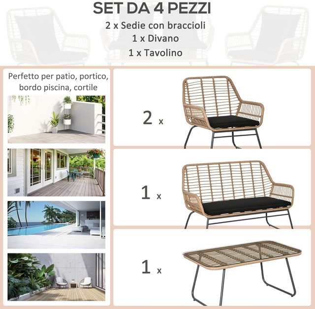 Conjunto de Muebles de Jardín de Rattan PE de 4 Piezas, Salón de Exterior Estilo Boho con 2 Sillones, Sofá y Mesa con Tapa