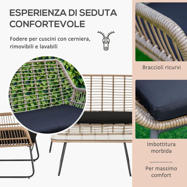 Conjunto de Muebles de Jardín de Rattan PE de 4 Piezas, Salón de Exterior Estilo Boho con 2 Sillones, Sofá y Mesa con Tapa