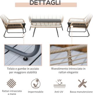 Set di mobili da giardino in rattan PE da 4 pezzi, soggiorno esterno stile boho con 2 poltrone, divano e tavolino con piano