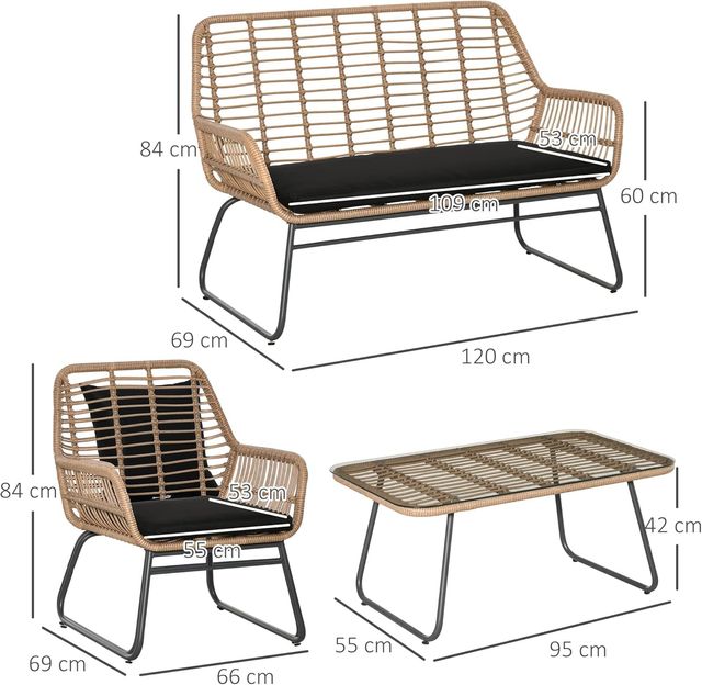 Conjunto de Muebles de Jardín de Rattan PE de 4 Piezas, Salón de Exterior Estilo Boho con 2 Sillones, Sofá y Mesa con Tapa