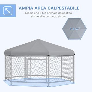 Recinto per Cani di Taglia Media, Box Hexagonale con Tetto in Tela Oxford Anti UV 2.1X1.85X1.2M, Argento e Grigio