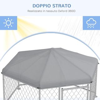 Recinto per Cani di Taglia Media, Box Hexagonale con Tetto in Tela Oxford Anti UV 2.1X1.85X1.2M, Argento e Grigio