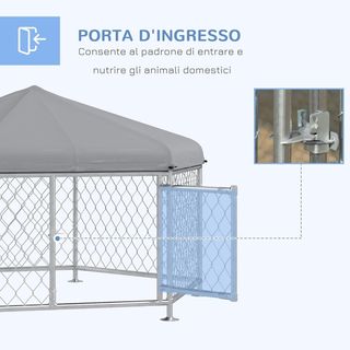 Recinto per Cani di Taglia Media, Box Hexagonale con Tetto in Tela Oxford Anti UV 2.1X1.85X1.2M, Argento e Grigio
