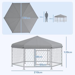 Recinto per Cani di Taglia Media, Box Hexagonale con Tetto in Tela Oxford Anti UV 2.1X1.85X1.2M, Argento e Grigio