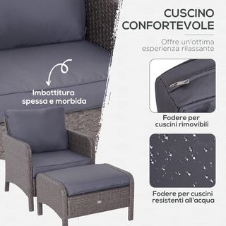 Set di mobili da giardino con 2 poltrone, 2 pouf e 1 tavolo in vetro temperato in rattan grigio