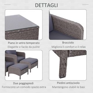 Set di mobili da giardino con 2 poltrone, 2 pouf e 1 tavolo in vetro temperato in rattan grigio