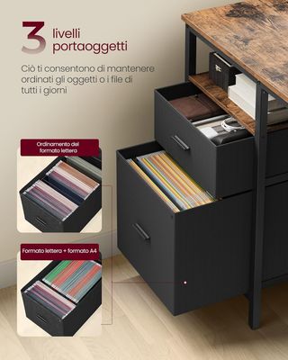 Scrivania per computer, tavolo da ufficio, scrivania con 3 ripiani, 2 cassetti, 60 x 140 x 76 cm, per ufficio, soggiorno, stile industriale, marrone vintage e nero opaco LWD104B01