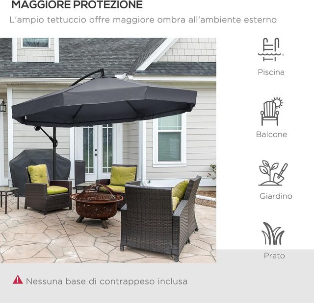 Sombrilla Descentrada 3X3 M Con Mosquitera, Base en Cruz, Salidas de Aire y Manivela, Sombrilla de Jardín Inclinable y Giratoria a 360° en Acero y Poliéster, Protección UV, Gris Oscuro