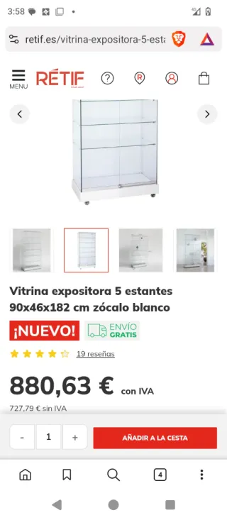 Vitrina expositora 5 estantes 90x46x182 cm