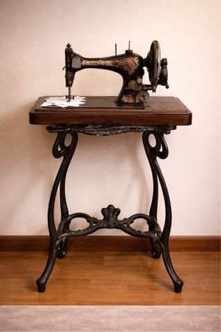 Máquina de coser Singer antigua con mesa