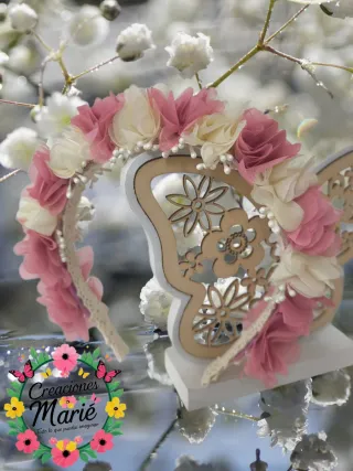 Diadema Comunión/Eventos Flores Rosas y Beige