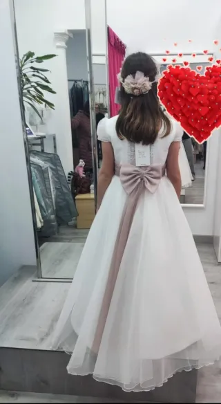 Vestido Comunión niña blanco y rosa empolvado