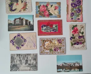 Lote Postales Antiguas Relieve Flores Palomas