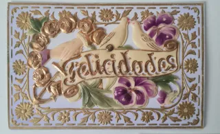 Lote Postales Antiguas Relieve Flores Palomas