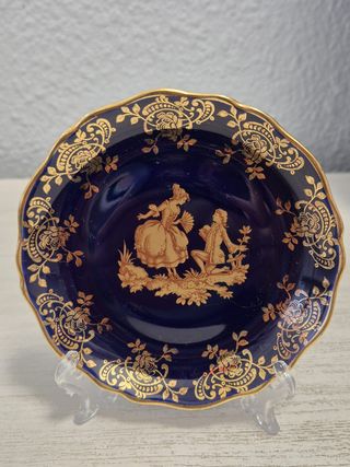 2 Platos Decorativos Porcelana Azul y Oro
