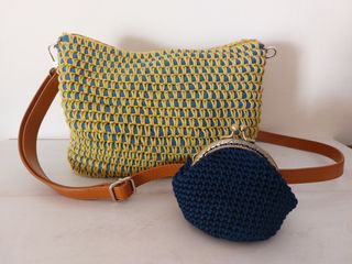 Bolso crochet azul y lima nuevo