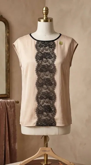 Blusa Massimo Dutti Seda Encaje Beige Negra