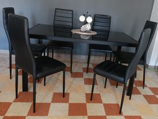 Mesa Comedor Cristal Negra. 6 Sillas. ¡OFERTA!