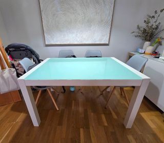 Mesa Comedor Cristal y Madera Blanca
