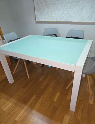 Mesa Comedor Cristal y Madera Blanca