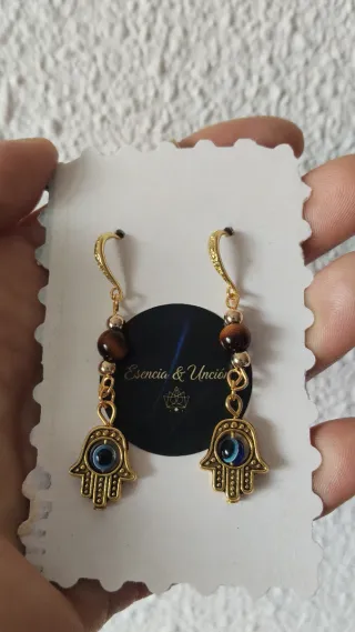 Pendientes Hamsa Ojo Turco Dorado con ojo de tigre