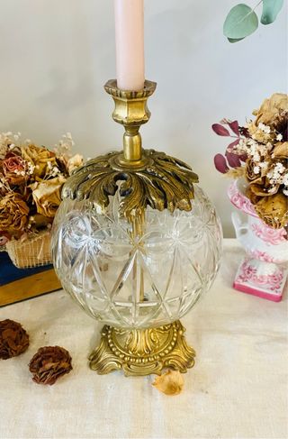 Gran Candelabro Vintage Bronce y Cristal Tallado