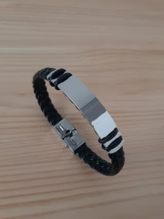 Pulsera cuero negro y acero hombre 20cm