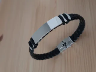 Pulsera cuero negro y acero hombre 20cm
