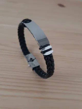 Pulsera cuero negro y acero hombre 20cm