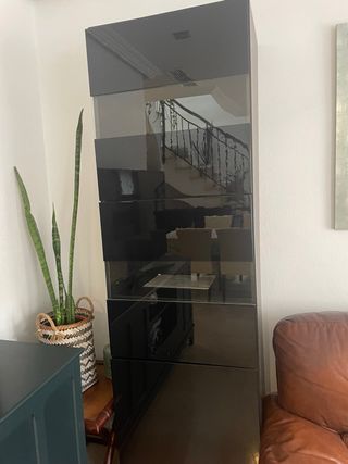 Mueble Salón Alto Brillo Negro y Cristal