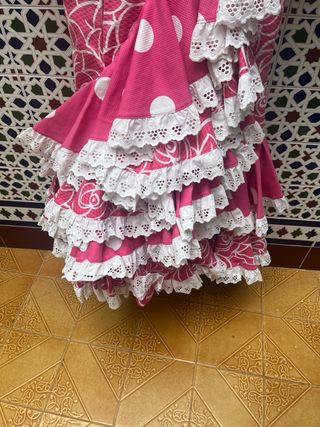 Vestido Flamenca Piqué,  rosa fuccia y blanco.