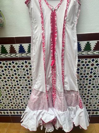 Vestido Flamenca Piqué,  rosa fuccia y blanco.