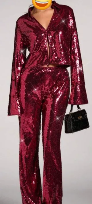 Chaqueta y pantalon lentejuelas SHEIN cereza