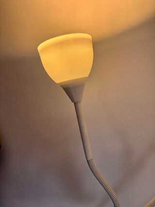 Lámpara de pie blanca con dos luces.