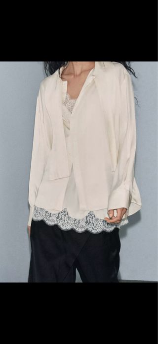 Blusa Zara Satén Encaje Blanca Talla S