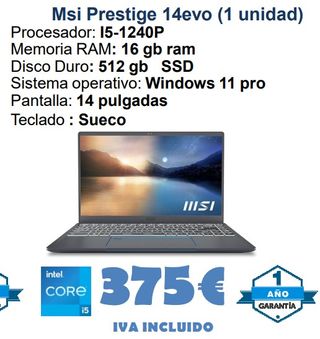 MSI Prestige 14evo i5-1240P 16GB RAM 512GB SSD
