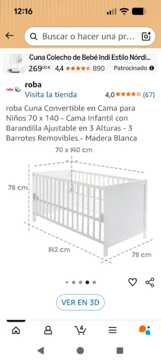 Cuna blanca 140x70 regulable en altura
