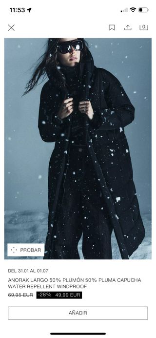 Anorak largo Zara XL Negro Waterrepellent Mujer